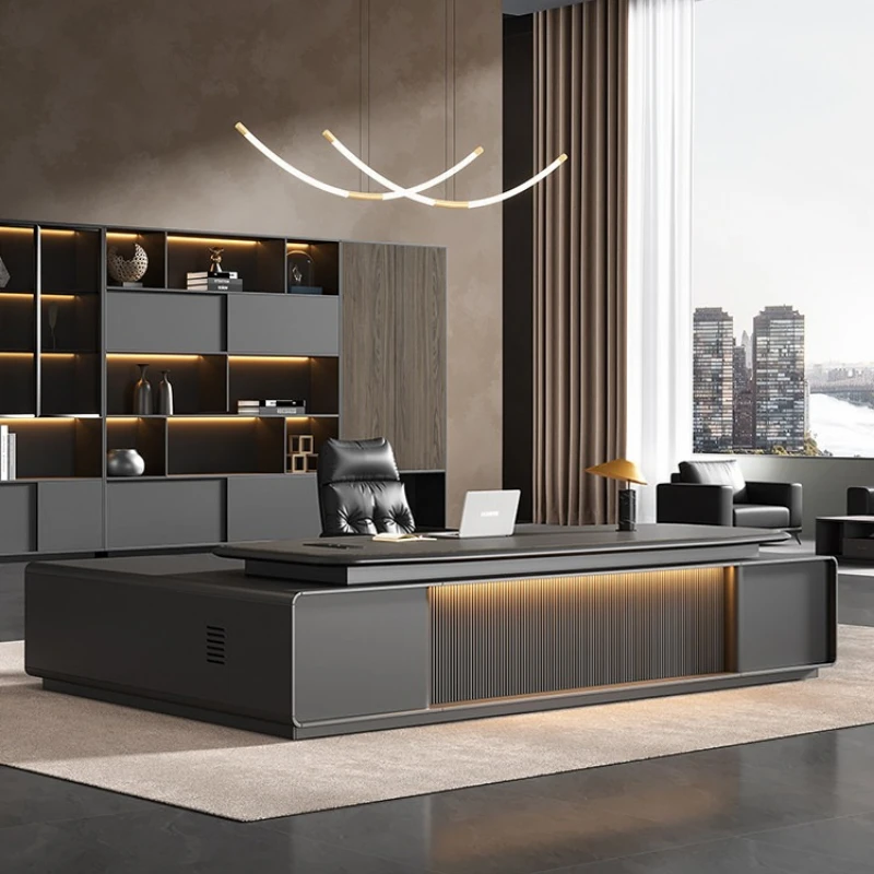 ec-Office large executive desk black minimalist premium luxury boss table multifunctional design mesa de escritório furniture-