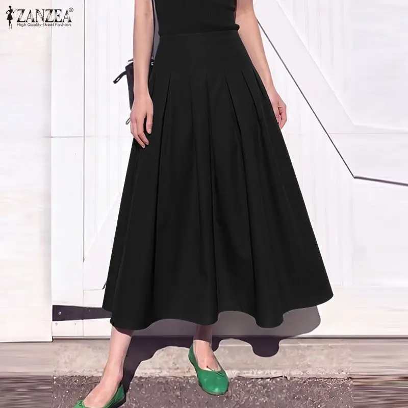 ZANZEA Summer Autumn Women Skirt High Waist Pleated A-Line Maxi Skirt With Pockets Casual Office OL Party Bottoms Oversize