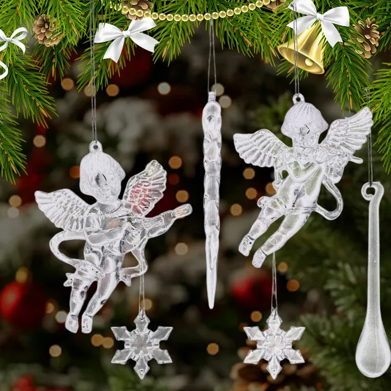 8/64pcs Transparent Acrylic Christmas Hanging Pendant Crystal Snowflake Angel Threaded Ice Cone Column Home Xmas Tree Ornament