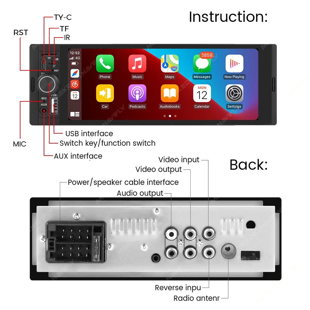 Navifly Wszystko w jednym radio samochodowe audio 1 din Pojedyncze pokrętło MP5 stereo Uniwersalny multimedialny odtwarzacz wideo Bezprzewodowy