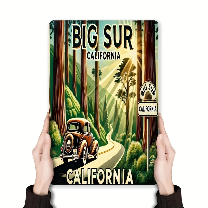 2D Flat, Vintage Big Sur California Forest Park Metal Wall Sign - 8x12 Inch Retro Road Trip Decor with Classic Car & Redwood Tre