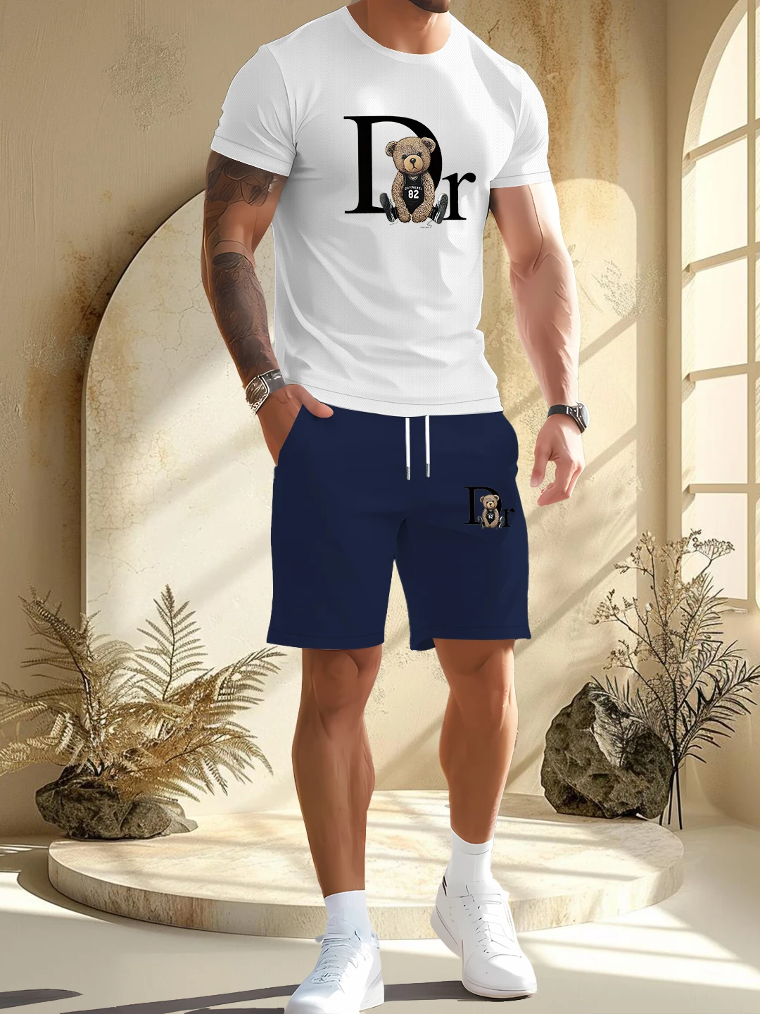 

2025Summer New Printed Men's Two-Piece Set of Fashionable Casual Clothing Short Sleeve T-Shirt and Drawstring Shorts Sports Set