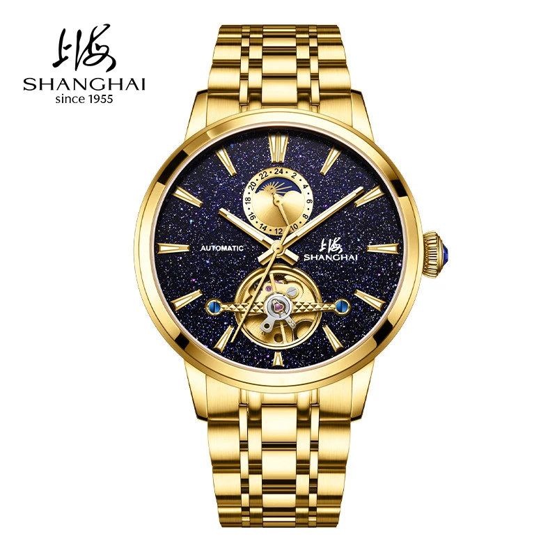 

Shanghai Watch 42mm Flywheel Mechanical Watches Day Night Dial Multifunction Skeletonized Luxury Men's Automatic Wristwatch 22RE