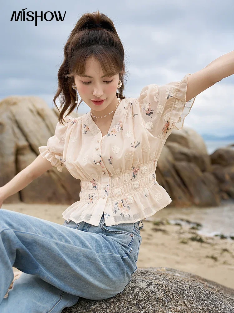 MISHOW Short Sleeved Embroidered Flower Blouses Summer 2023 Ruffles French Chic V-neck Puff Sleeve Waist Elegant Top MXC38X0048