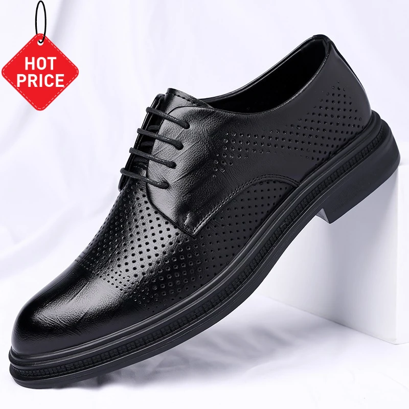 

Мужские летние деловые туфли-оксфорды из кожи с увеличением роста на 6/8 см, дышащие, с перфорацией, для свадьбы и торжественных мероприятий