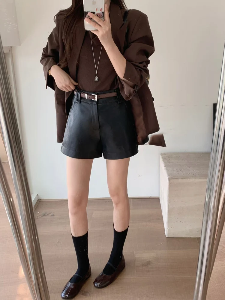 

High Waist PU Leather Shorts Straight Leg Bootcut Pants for plus Size Women Casual Comfortable Slimming Design Spring Fashion