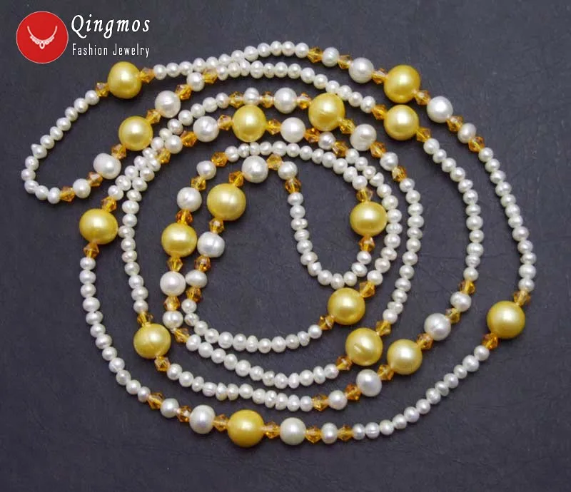 Qingmos 4-5mm Round Natural White Pearl Necklace with 10mm Yellow Round Pearl Pendant Necklace Yellow Crystal 45'' Long Necklace