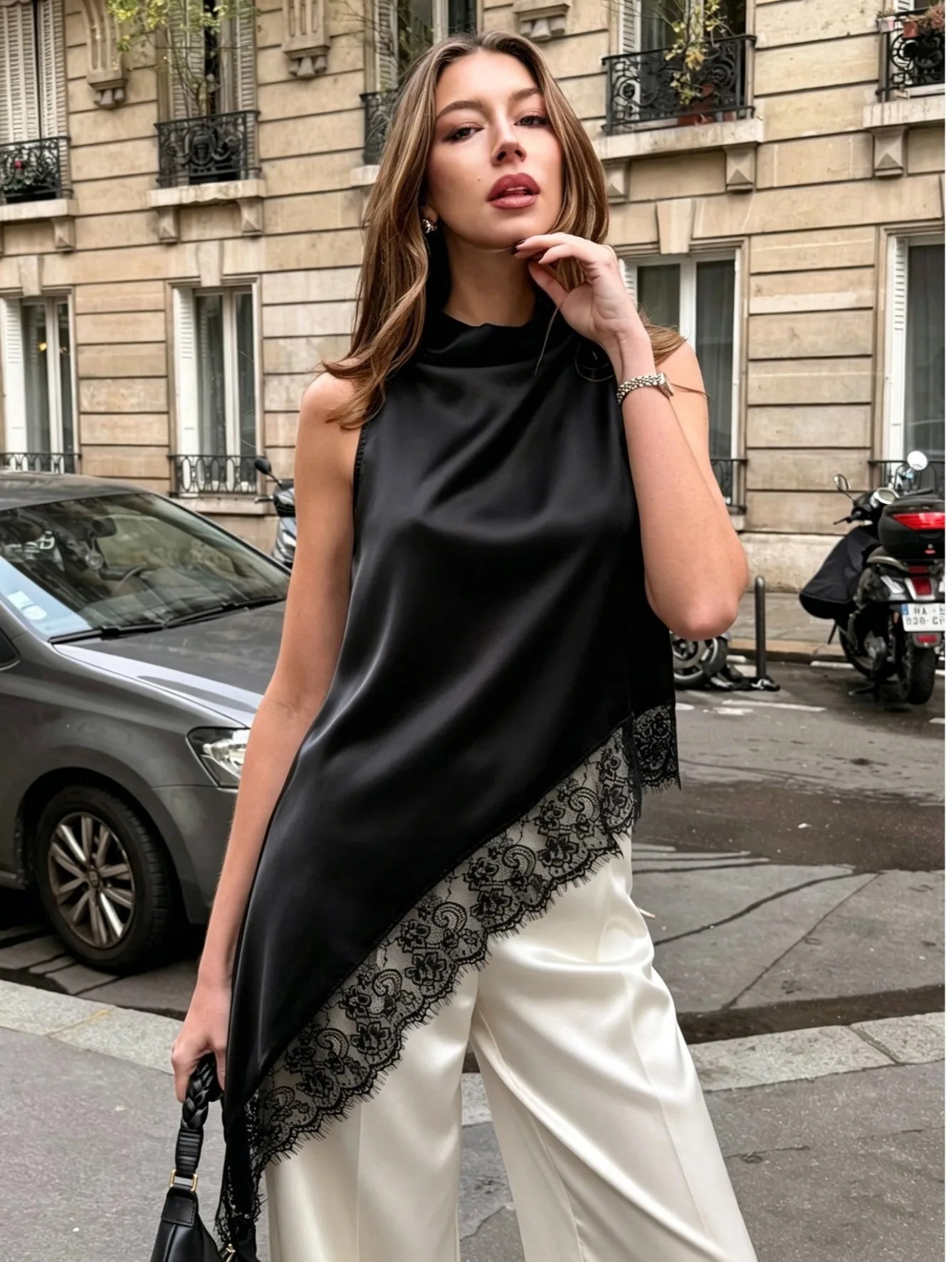 Summer New Style Lace Splicing Stand Collar Back Hollow out Sleeveless T-Shirt Women's Top Floral  Design Breathable Poly...