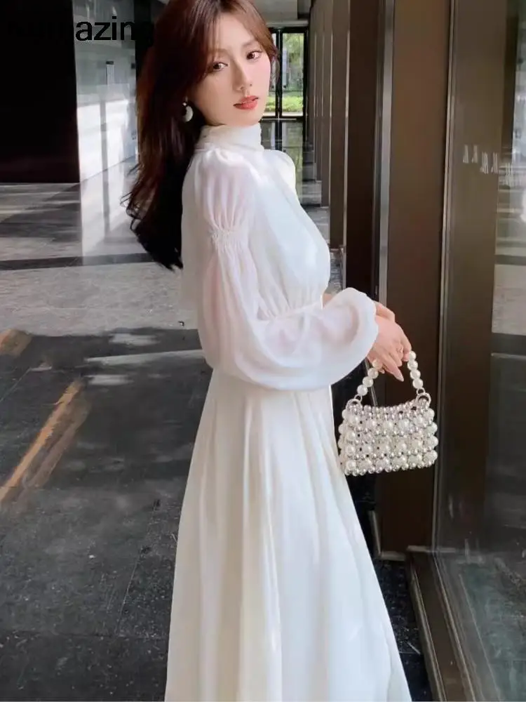 Elegant Chiffon Midi Dresses for Women Lantern Sleeve Half High Collar A-line Korean Fashion One Piece Vestidos Autumn Clothing