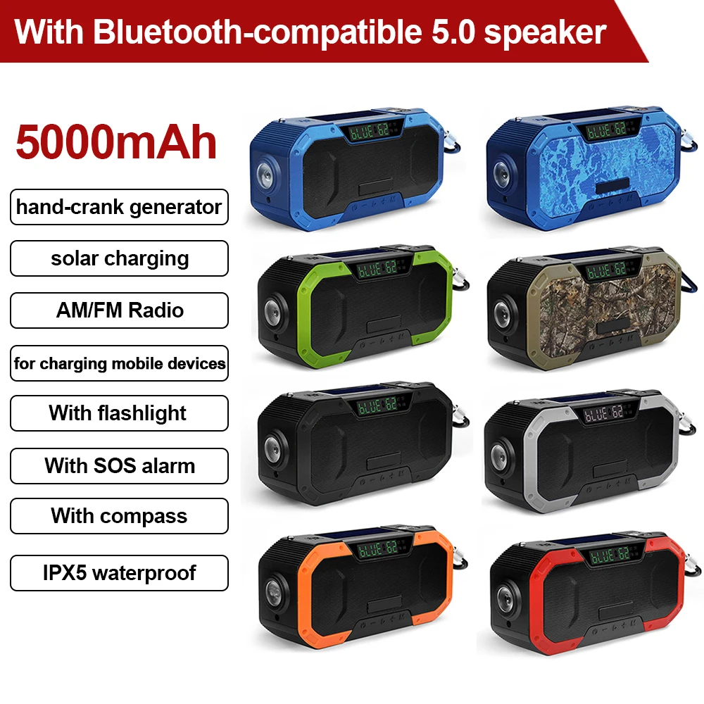 Emergency Radio Multifunctional Portable Hand Crank Solar Radio Bluetooth 5.0 Speaker AM/FM 5000mAh Power Bank for Cell Phone