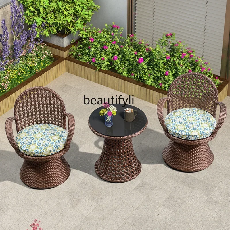 Outdoor Rattan Chair Table and Chair Rattan Three-Piece Tea Table Garden Coffee Table and Chair Leisure Area