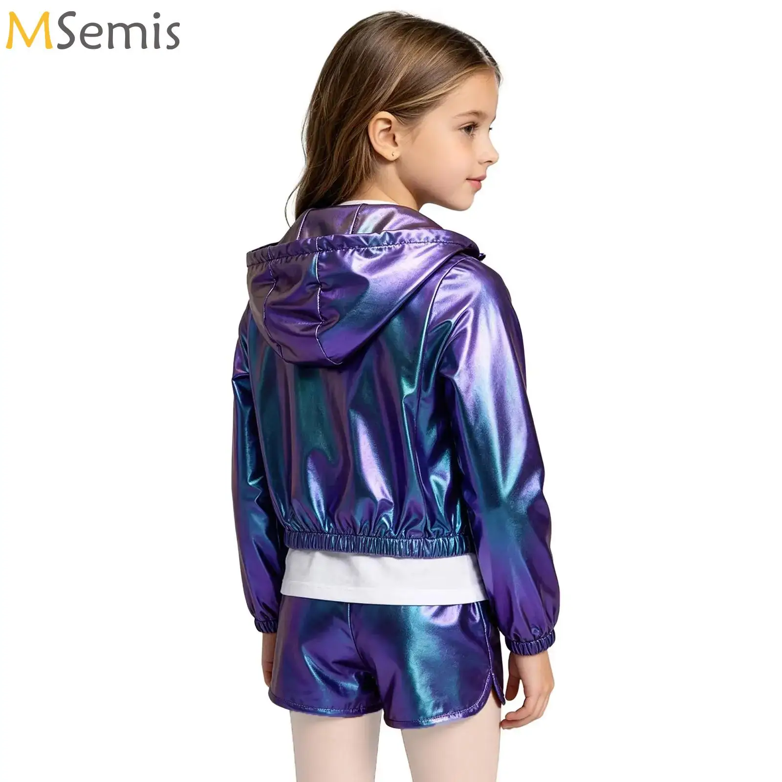 Children Girls Metallic Hip Hop Jazz Dance Jacket Long Sleeve Shiny Hooded Coat Outerwear School Show Dancing Streetwear