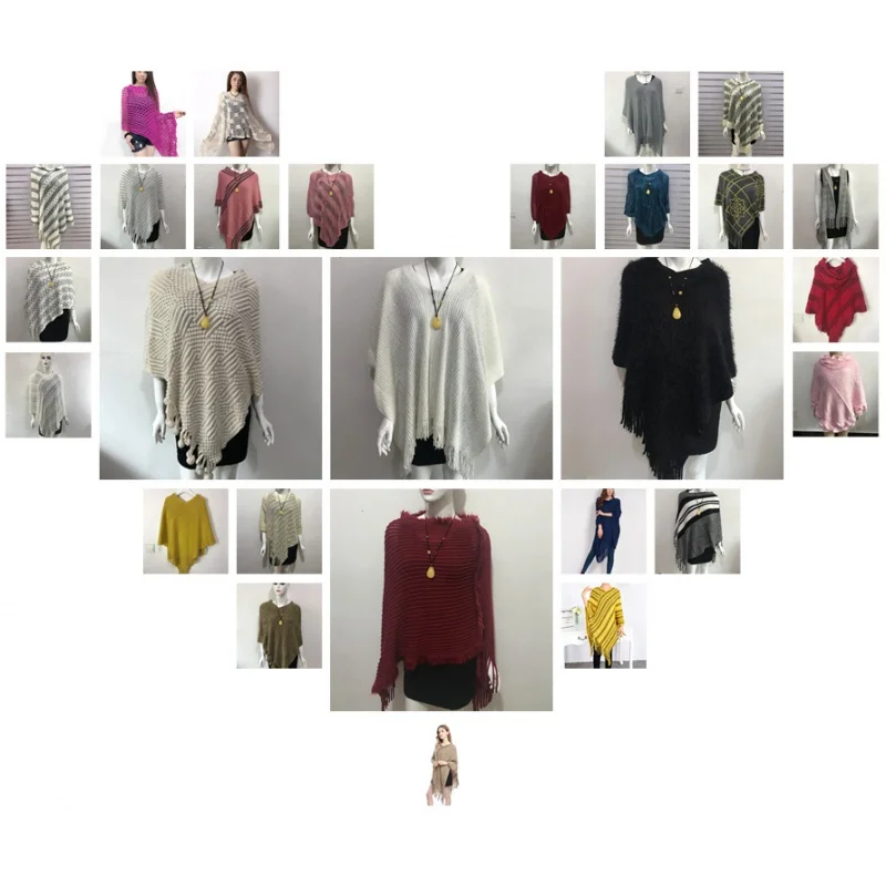 Autumn Hollow Women's Solid Color Striped Pullover Sweater Baggy Coat Cape and Shawl Wholesale