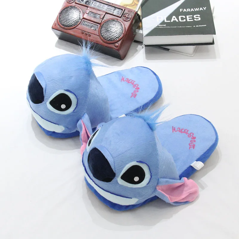 28 ซม.รองเท้าแตะผ้าฝ้ายการ์ตูนน่ารัก Disney Stitch สไลด์แบน Flip Flops ฤดูหนาว WARM Soft รองเท้าแตะผู้หญิงรองเท้า