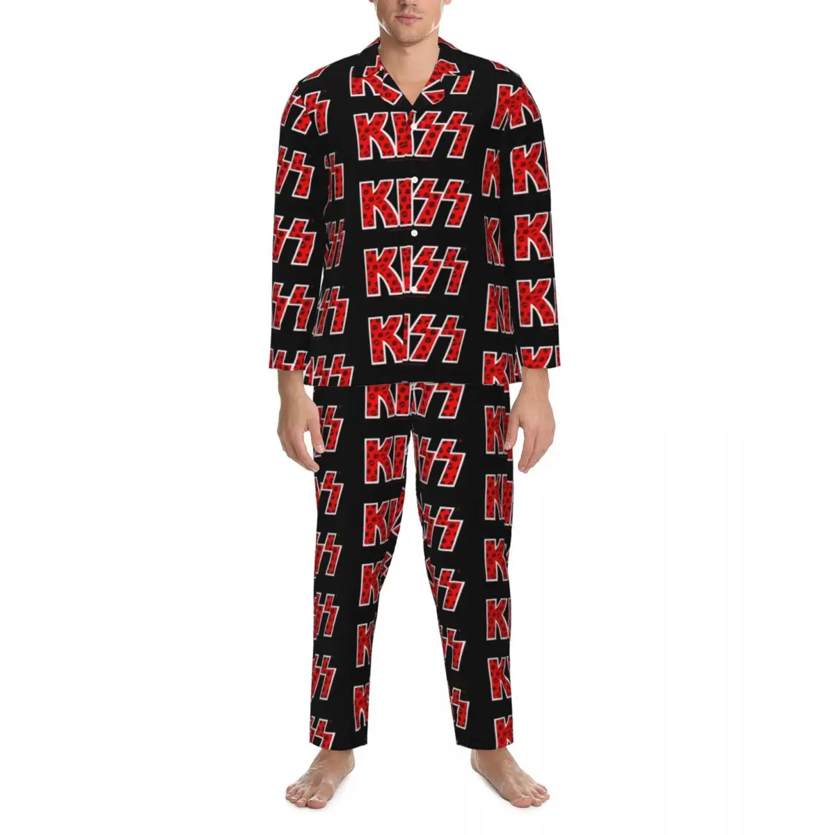 Kiss Band Sleepwear Autumn Black Lips Logo Vintage Oversized Pajamas Set Mens Long Sleeve Kawaii Leisure Custom Nightwear