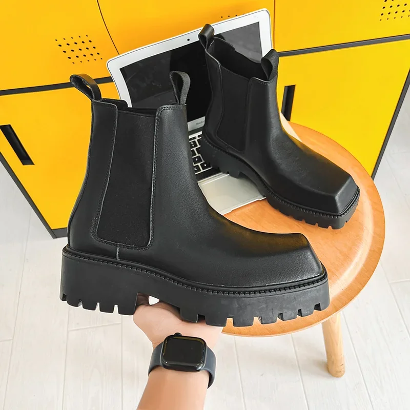 

Platform Men Boots Luxury Designer Square Head Soft Leather Chelsea Boots Mans Street High Top Shoes