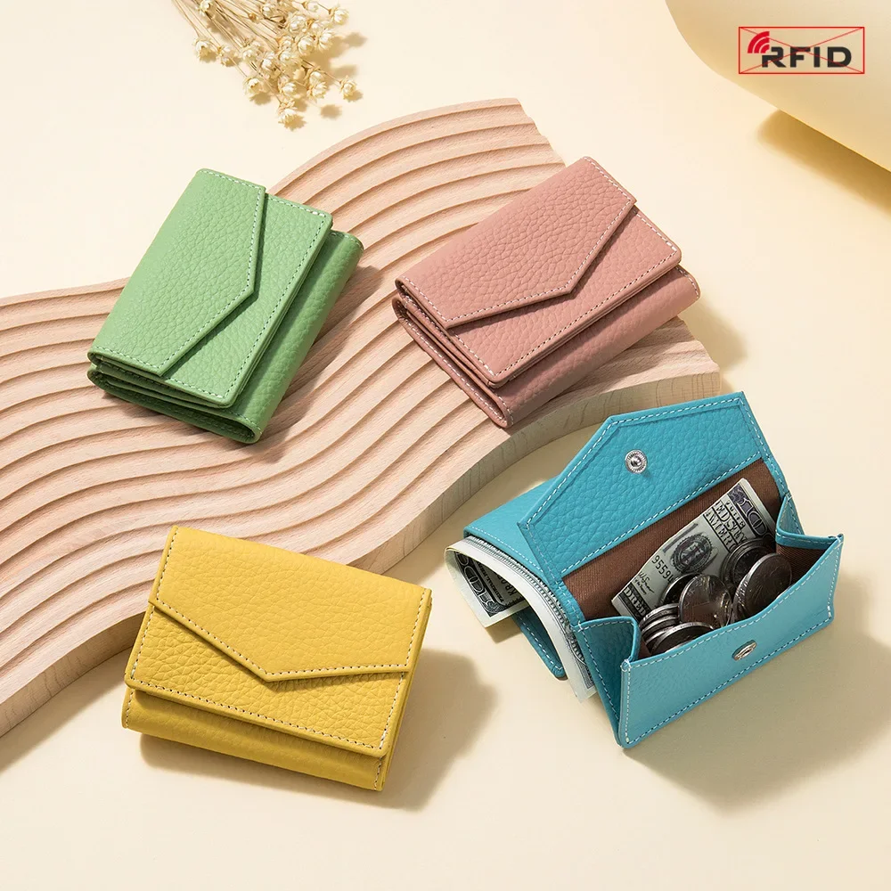 Women's Tri-Fold Genuine Leather RFID Wallets Ultra Thin Multi-functional Passport Document Bags Ticket Card Holder Storage Bag