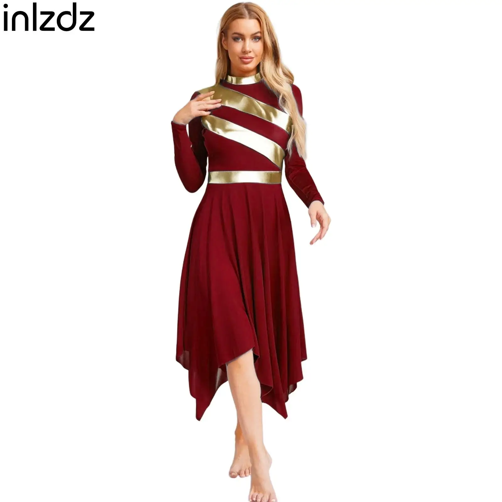 

Womens Metallic Patchwork Worship Praise Dress Dancewear Long Sleeve Irregular Hem Dress Tunic Liturgical Lyrical Dance Costume