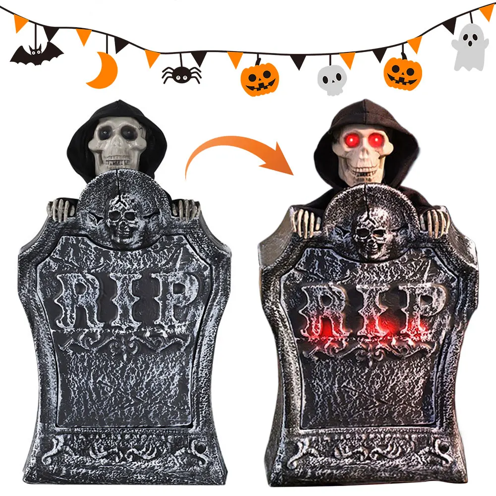 

Halloween Decorations Spooky Halloween Tombstone with Movable Skull & Creepy Voice for Haunted House Outdoor Garden Decoration