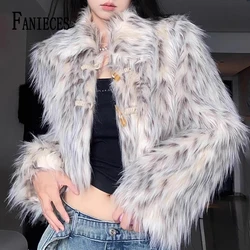 FANIECES Faux Fox Fur Crop Coat Women Lapel Button-up Fur Short Jacket Hotsweet Y2K Winter Streetwear Outfit manteau femme hiver