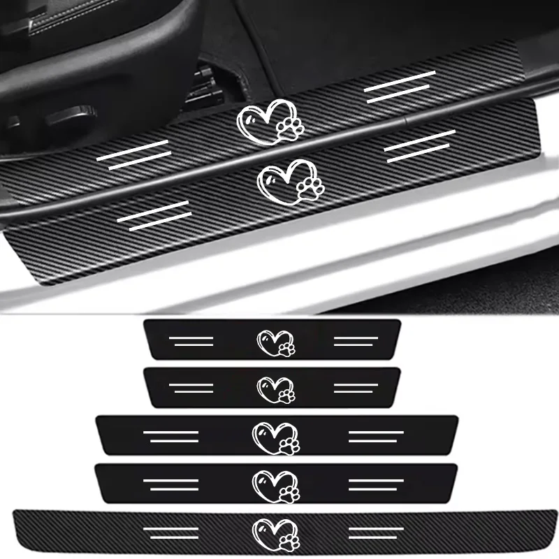 White Heart-Shaped Dog Paw Style Car Threshold Strip Anti-Scratch Sticker, Welcome Mat, Cartoon Cute Carbon Fiber Pattern Interior Protection, Scratch-Resistant Trunk Anti-Scratch Sticker