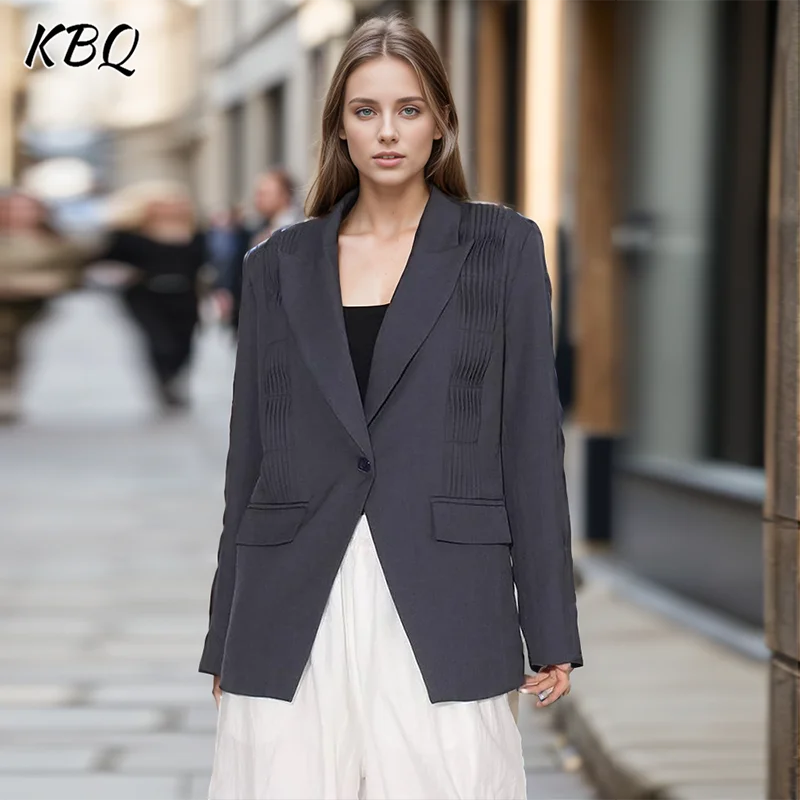 

KBQ Solid Patchwork Folds Loose Blazers For Women Notched Collar Long Sleeve Spliced Button Minimalist Casual Blazer Female New