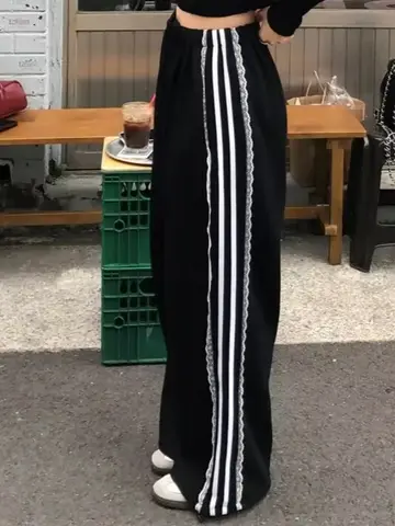 패션 캐주얼 팬츠 한국 스타일 높은 허리 와이드 핏 레이스 밴딩 허리 루즈핏 여성용 캐주얼 팬츠 팬츠 바지 팬츠