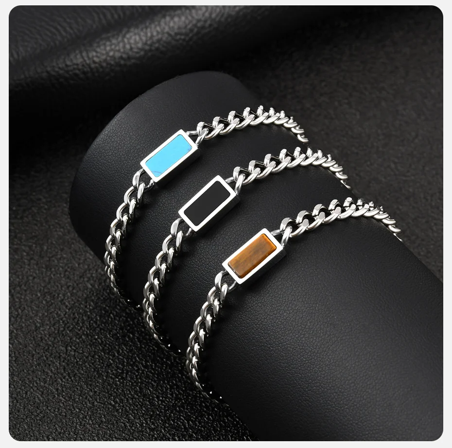 Vnox Herren Kubanische Gliederkette Armband, Edelstahl Verstellbare Kette mit Türkis/Tigerauge/Schwarzem Acryl, Vatertags-Geschenk – Detail 6