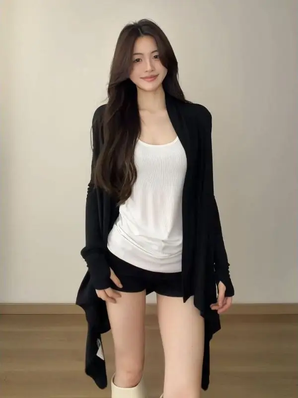 Laid-back Style Spicy Girl Layered Long Coat Strap Vest Two-piece Set Women's Early Autumn New Irregular Fashion Outfit