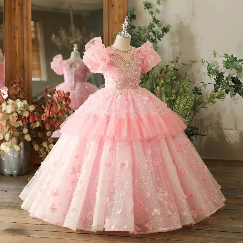 Spring and Summer Children's Pink Cute Princess Dress Sweet Puff Sleeve Fairy Puffy Dress Stage Performance Costume for Girls