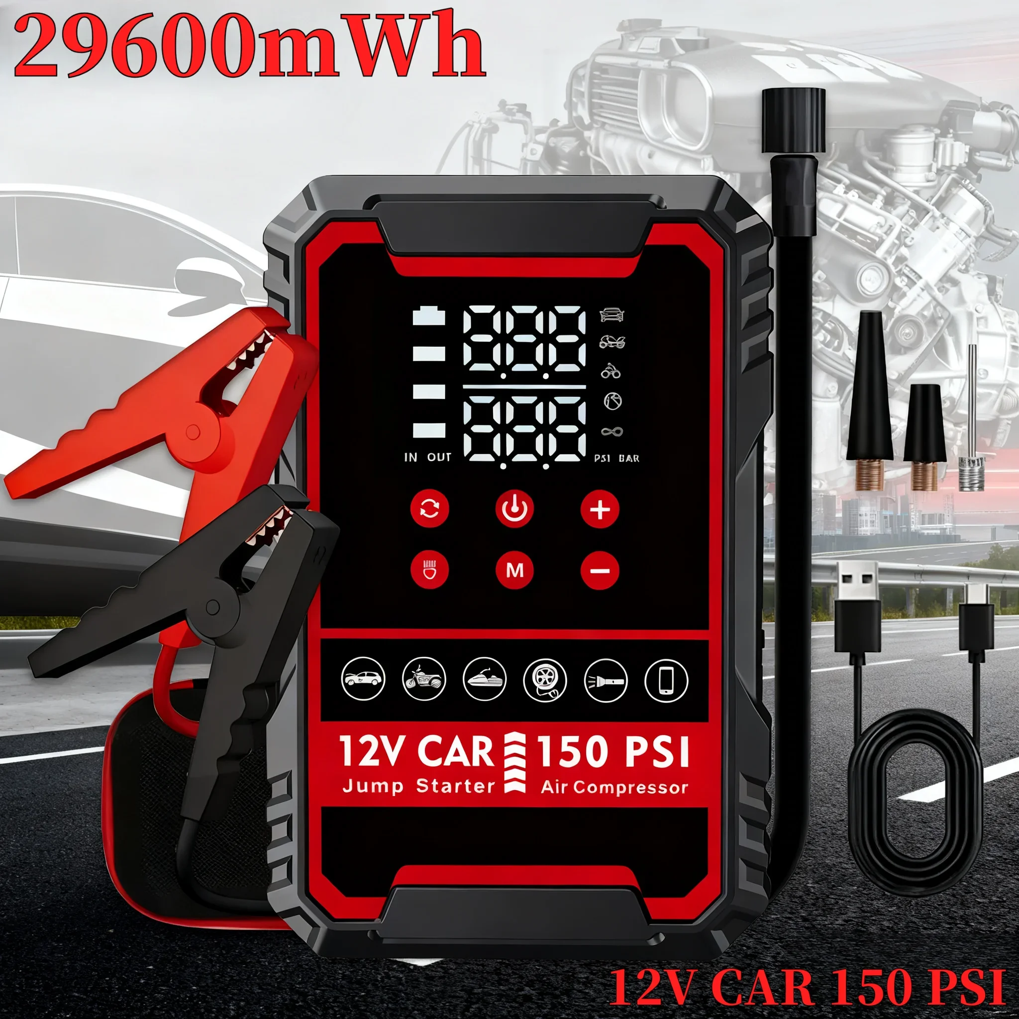 All-in-One 29600mWh Car Emergency Kit: Jump Starter with Integrated Air Compressor & Backup Charging Power Bank