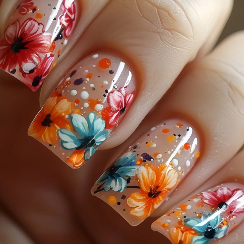 24 pièces/ensemble faux ongles mi-longs dégradé bleu océan poisson soleil fleurs papillon carré ballet été conseils presse sur faux ongles