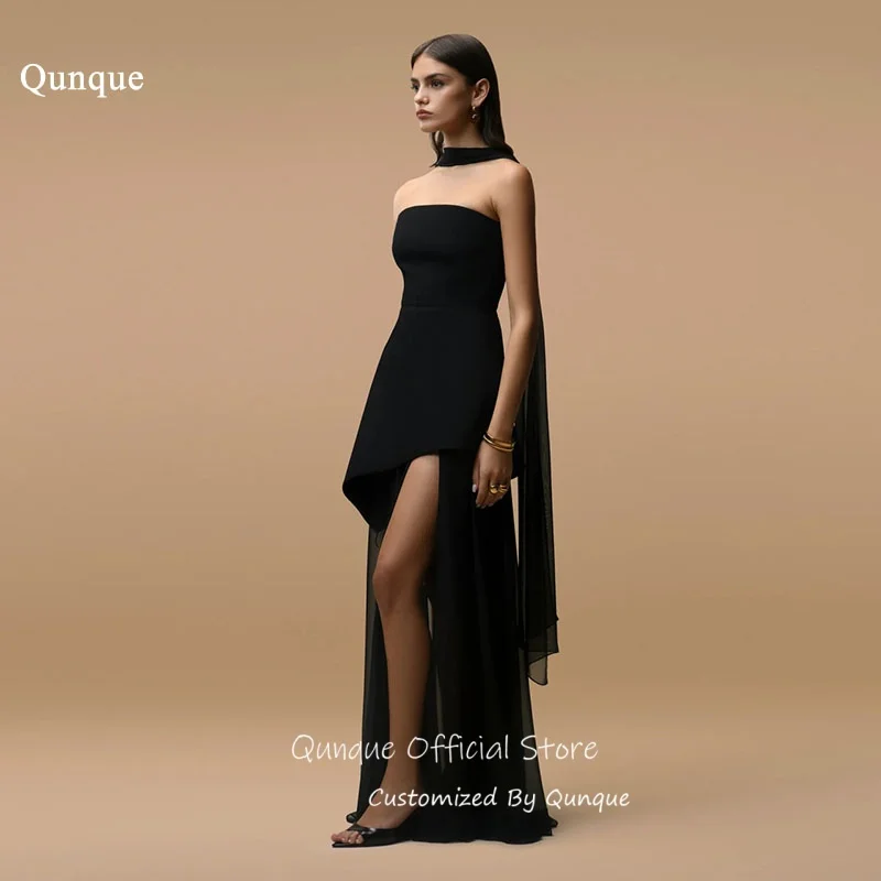 

Qunque Asymmetrical Hem Evening Dresses Strapless Ribbons Special Occasion Gowns Timeless High Slit Robes De Soirée Customized