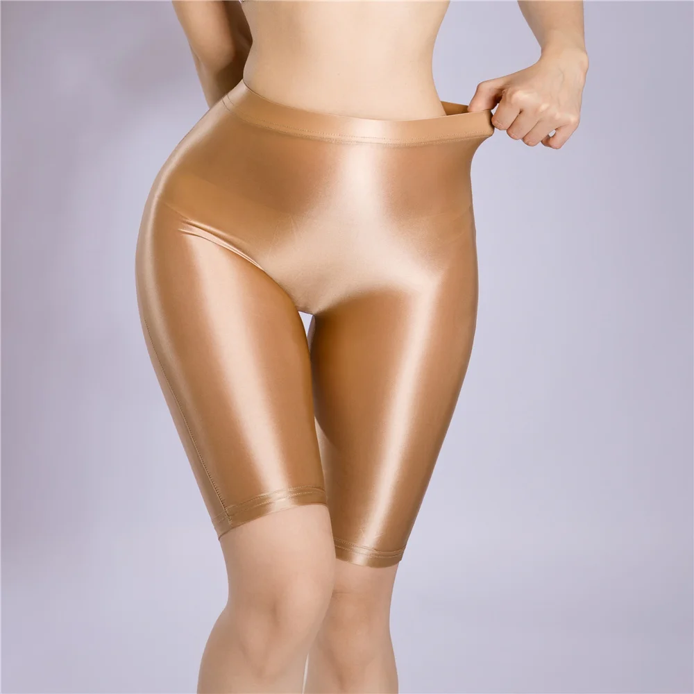 Pantalones cortos sexis de cintura alta para mujer, brillantes al óleo, transparentes, transparentes, Color caramelo, elásticos, informales, para Yoga, moldeadores ajustados de talla grande