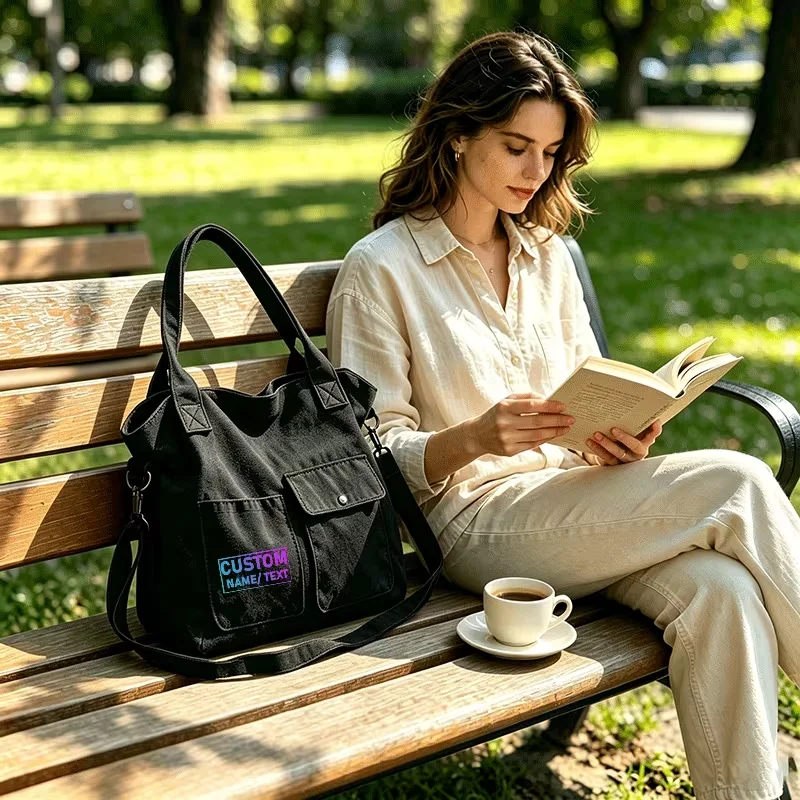 Custom Logo Fashion Canvas Bags Students Handbag Shoulder Bags Large Capacity Totes Shopper Bag Casual Female Cross Body Bag