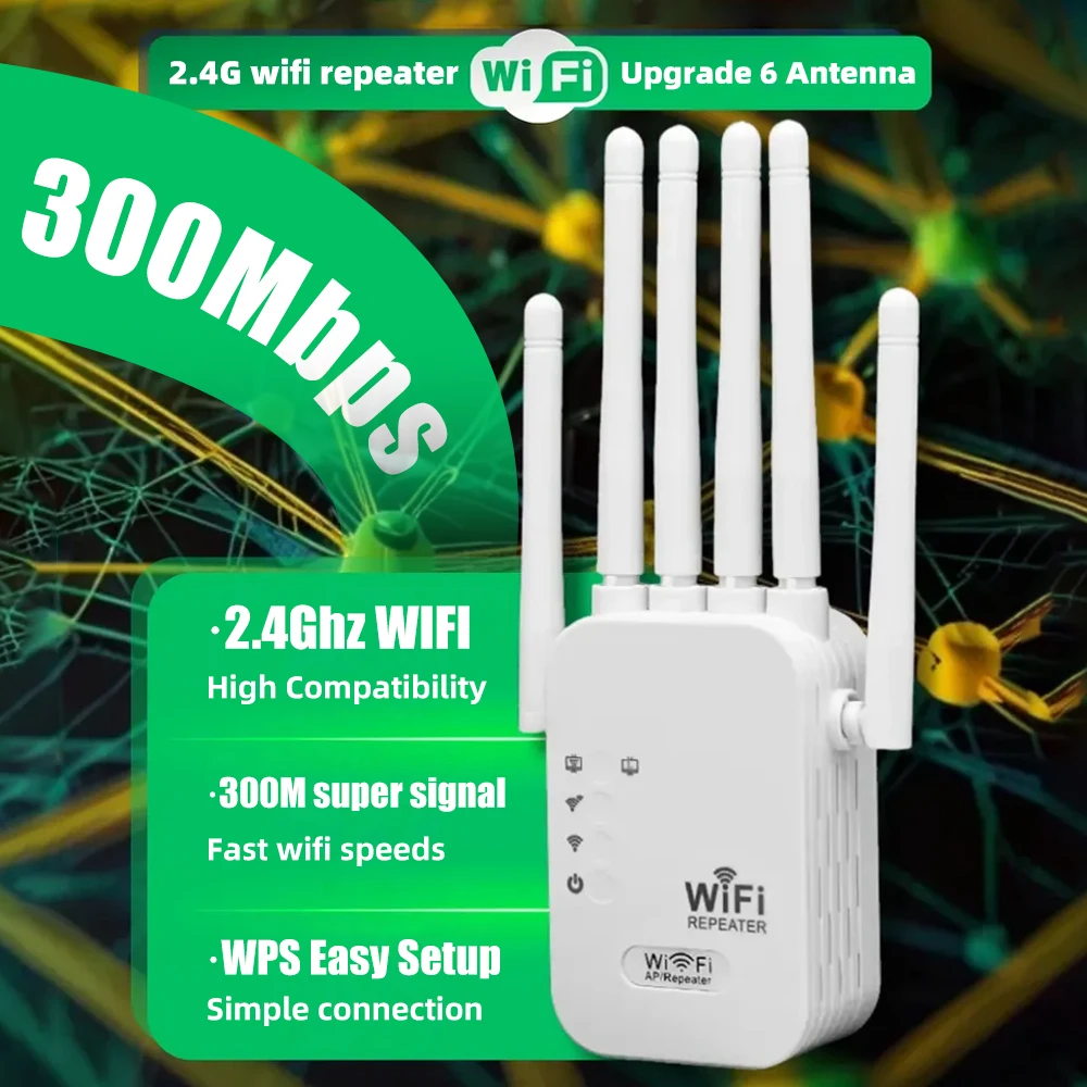 

WiFi Extender 300Mbps, 2.4Ghz, With 4 Antennas, 360° Full Coverage for 35+ Devices, Ethernet Port & 1-Tap Setup - Boost Signal