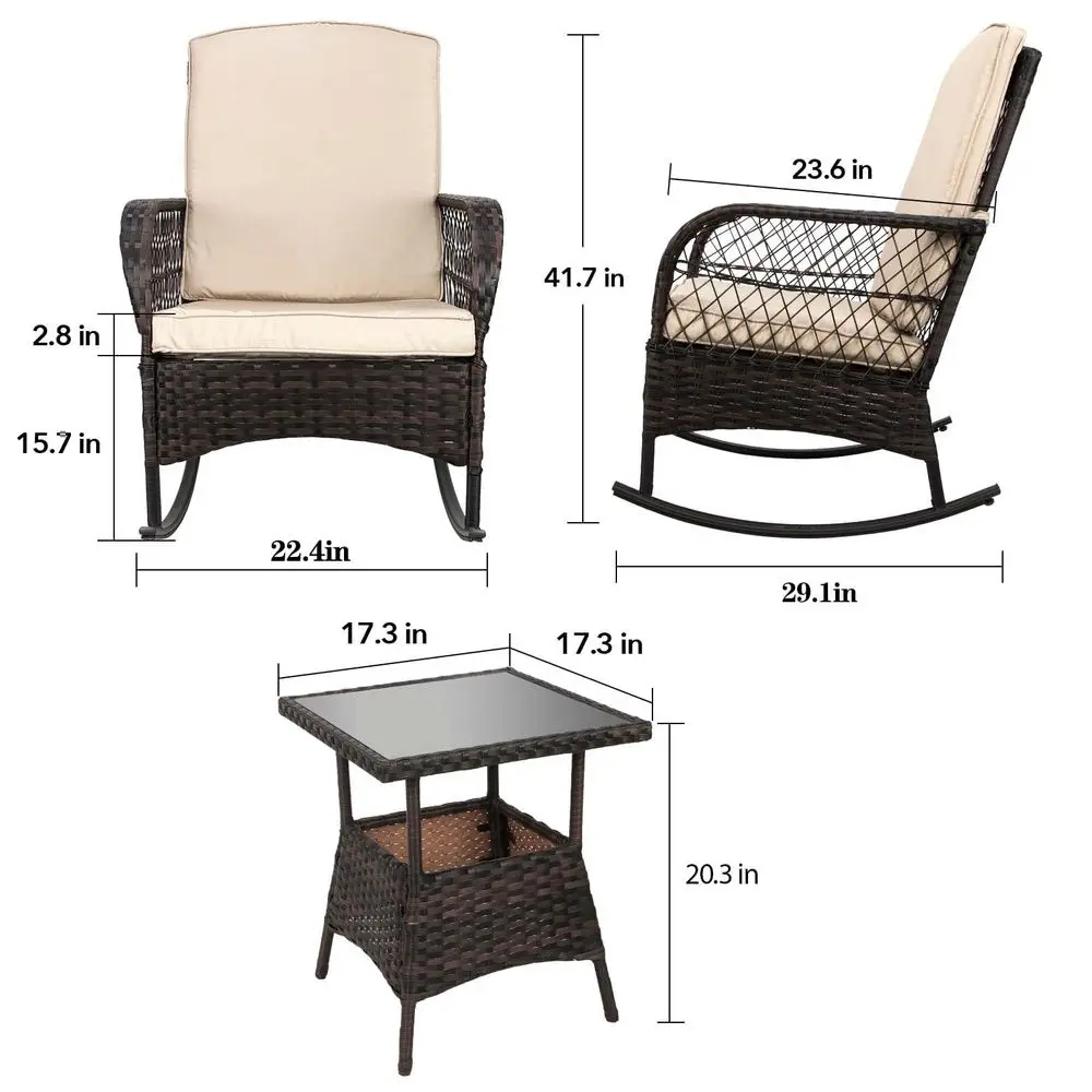 

3 pcs Rocking Bistro Set Conversation Chairs PE Wicker Outdoor Rocking Chairs amp Glass Table,for Porch Lawn Garden Backyard De
