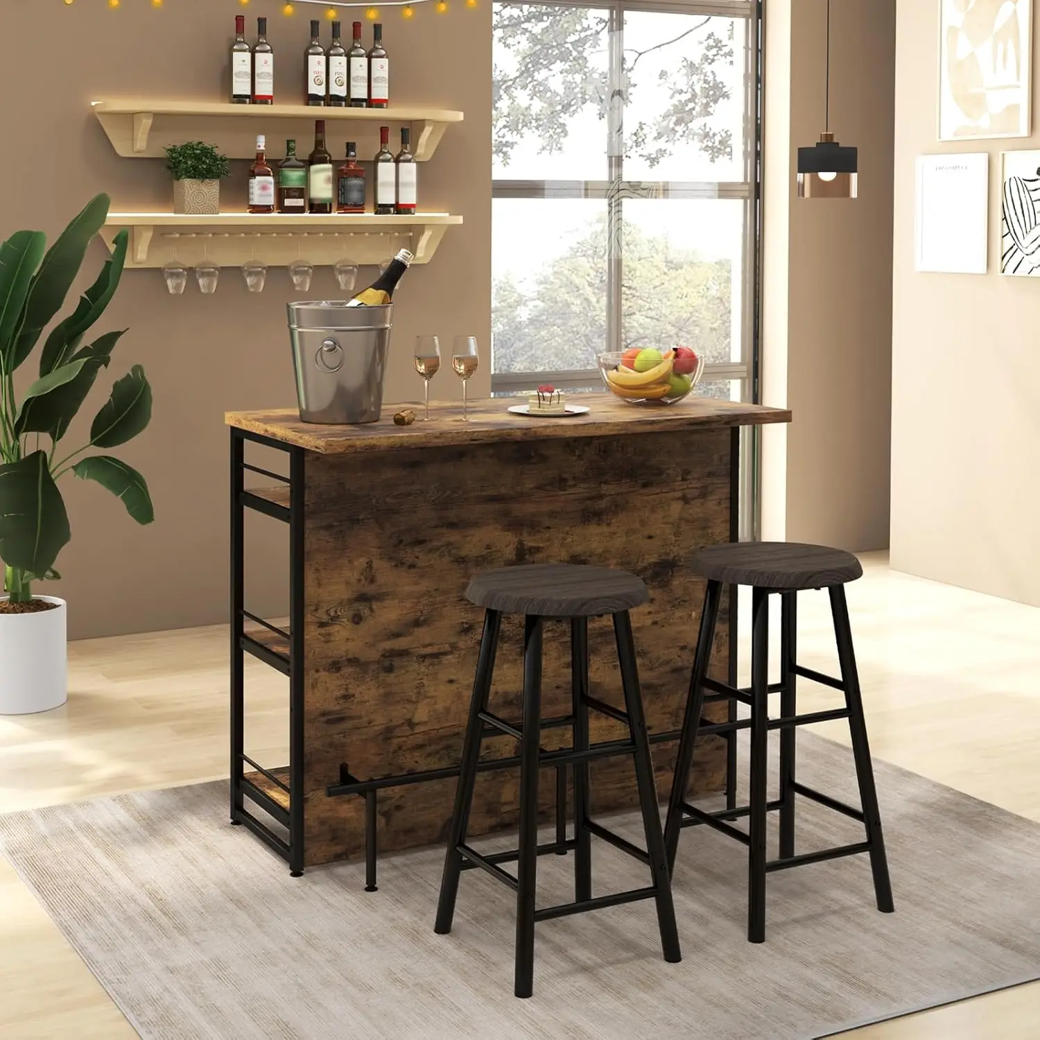 

Bar Unit 4 Tier Liquor Bar Table with Footrest, Wine Bottle Racks Glass Holder Industrial Corner Mini Coffee Bar Cabinet forHome