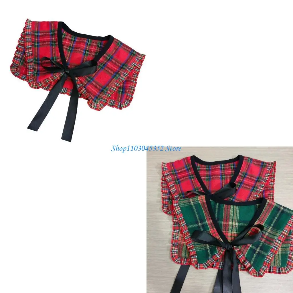 

Женский винтажный клетчатый плед с принтом, шаль с накладным воротником и рюшами, галстук-бабочка, ожерелье, шарф, мини-пончо,