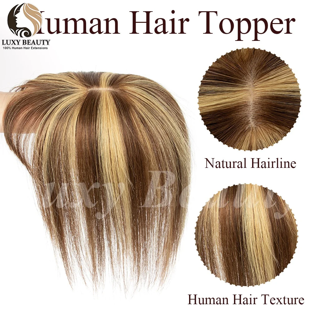 8x12cm Highlights Brown Human Hair Topper With Bangs Women Natural Black Blonde Skin Scalp Clip in Topper Hair Pieces Human Hair