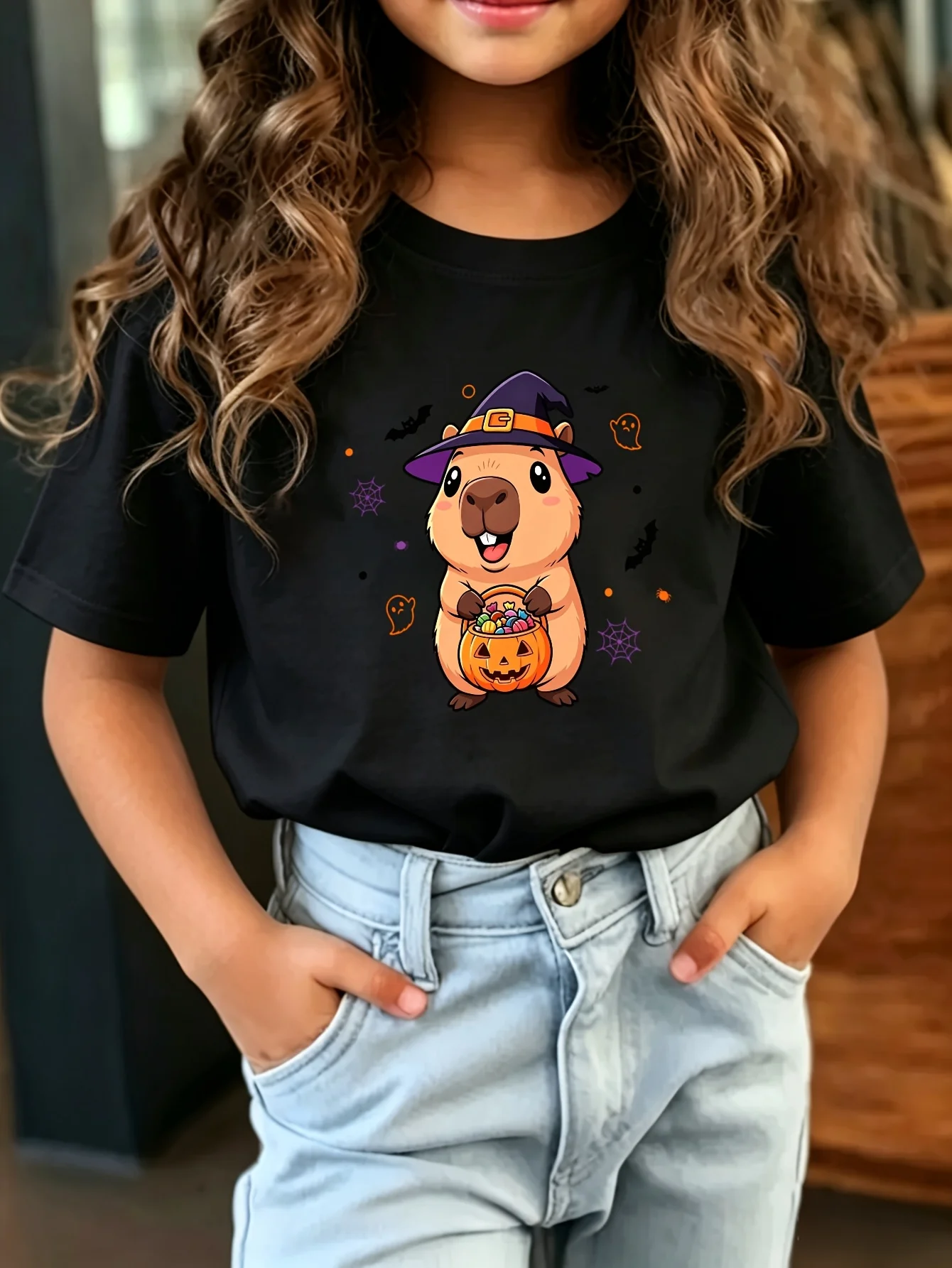Kids Halloween Capybara Witch Hat Pumpkin Graphic Tee Boys Girls Family Matching Short Sleeve Spooky Cute Everyday T Shirt