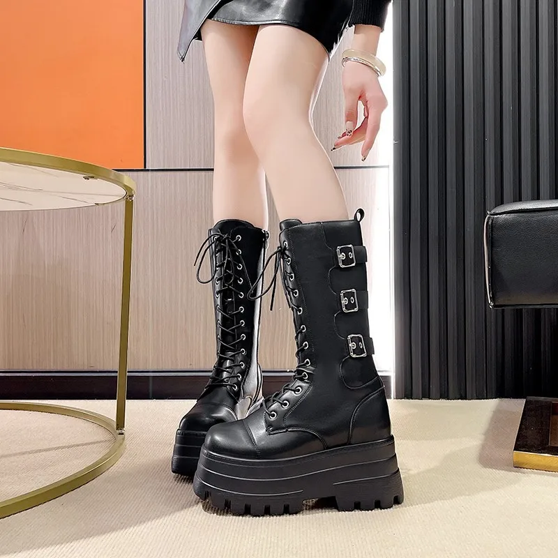 9CM Large Size43 Platform Boots High Quality Round Head Thick Sole Women's Booties British Belt Buckle Women's Boots Botas Mujer