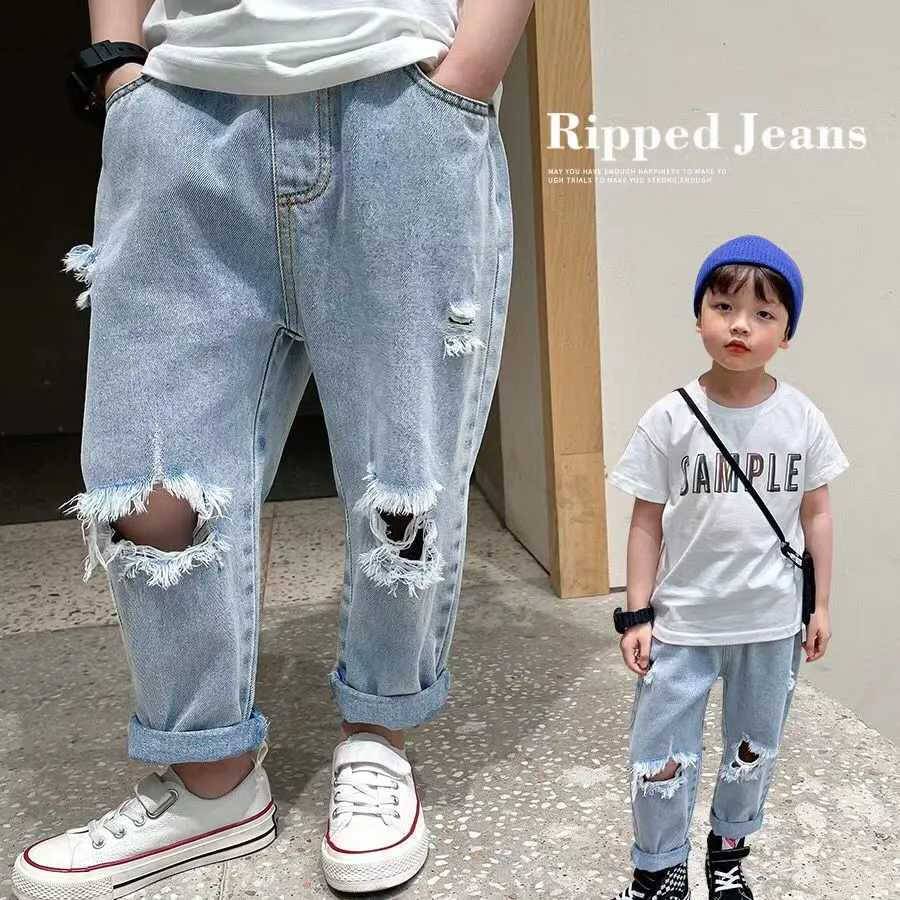 Summer Childrens Worn Jeans For Boys and Girls Spring 2023 New Childrens Long Pants Fashionable Korean Edition Trend Kids