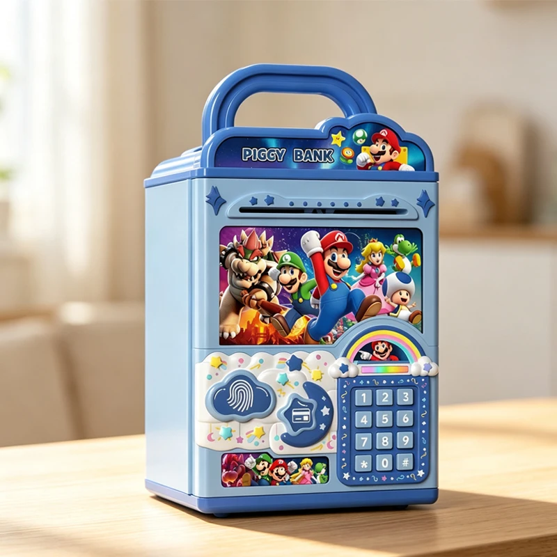 Kawaii Mario Piggy Bank Fingerprint Password Auto Scroll Cash Colorful Light Music Bilingual Educational Money Box Kids Toy Gift view 5