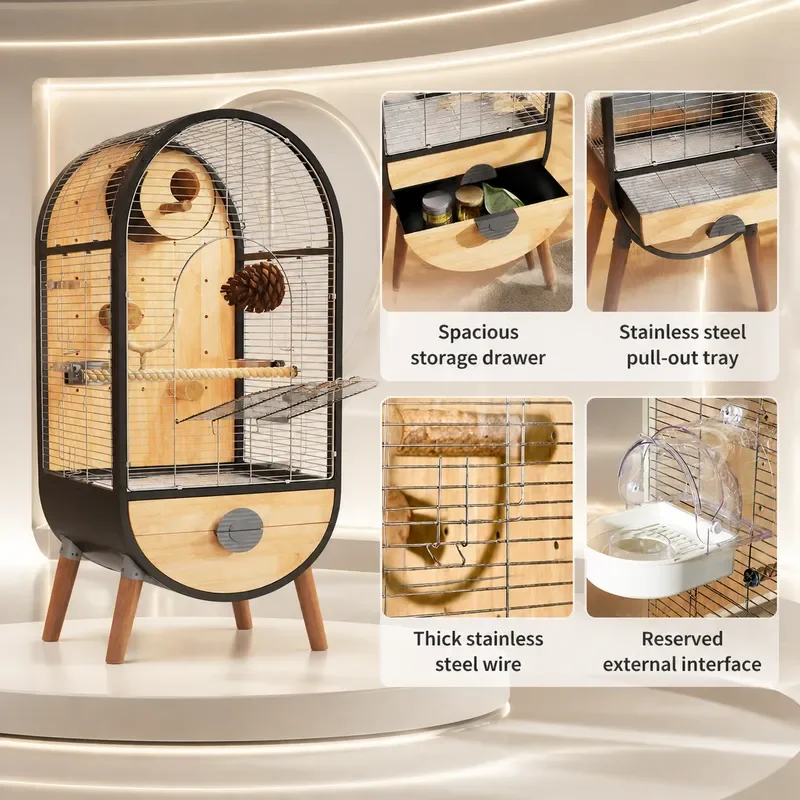 Time Capsule White Parrot Bird Cage Premium Stainless Steel Solid Wood House DIY Decoration Interior Villa