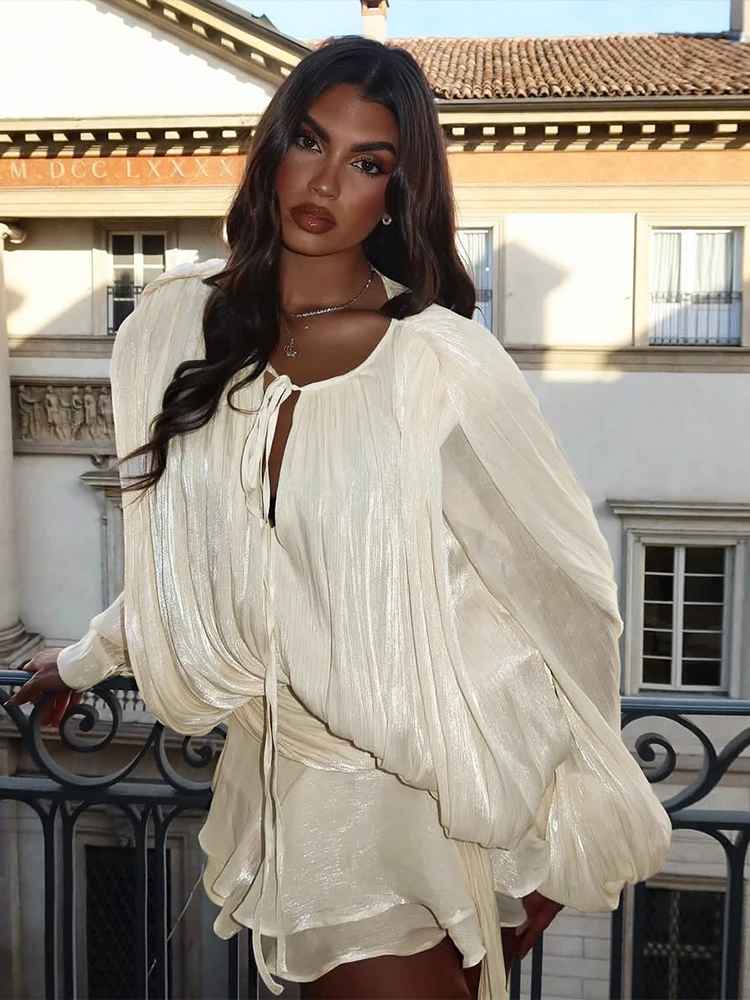 

Sisterlinda Silky Hipster 2 Piece Set Reflective Shiny Loose Full Sleeve Crew Neck Bandage Ruffle Tops+Solid Shorts Street Suits