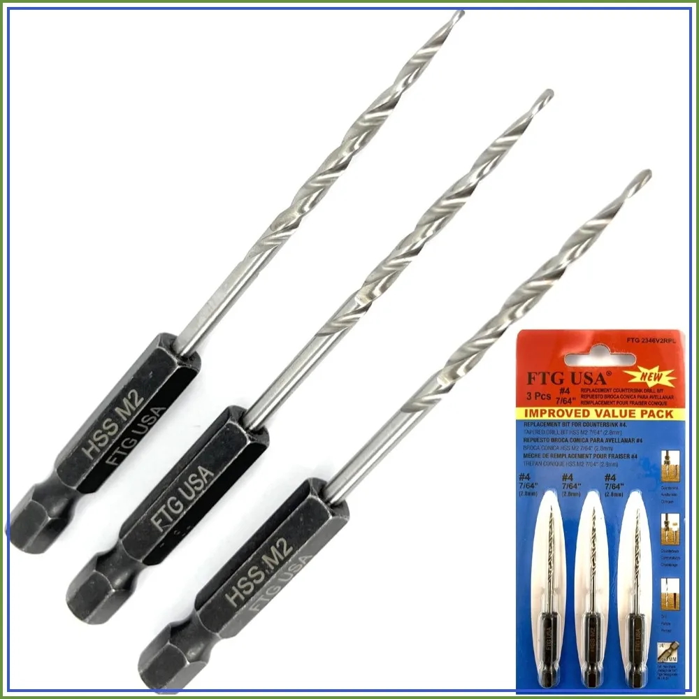 

3 Pc Tapered Countersink Drill Bit Set #4 (7/64") for Wood, Hex Shank Replacement Bits