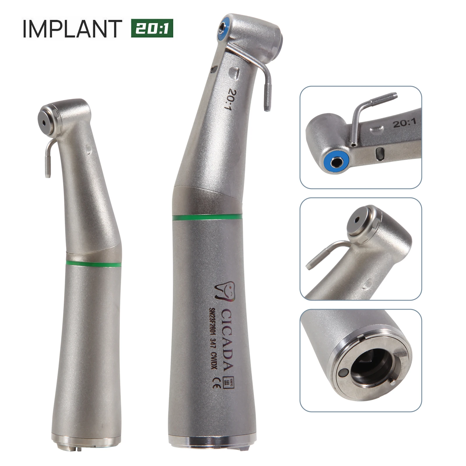 CICADA Dental Fiber Optic 20:1 Sugical Implant Contra Angle Push Button LED Low Speed Handpiece External Water Fit NSK