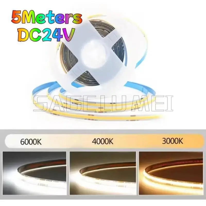 DC24V Warm/Natural/Cold White Flexible Smart Cob Led Strip 5Meters 384Leds/m Light for TV Backlight Kitchen Lighting Stair Light