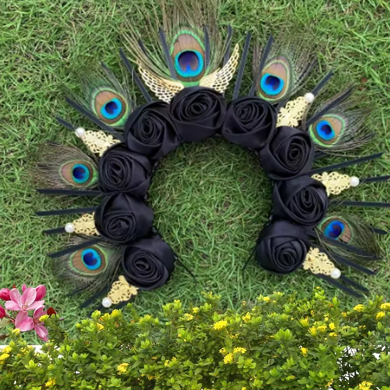 

Peacock Feather Hair Crown - Black Satin Rose Flowers Boho Halo Headpiece with Spiked Design - for Halloween Goddess Accessories